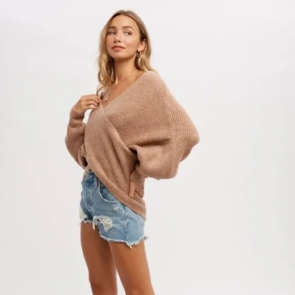 CLEAR OUT!!! Crossover Ribbed Pullover- Latte - Picture 9 of 11